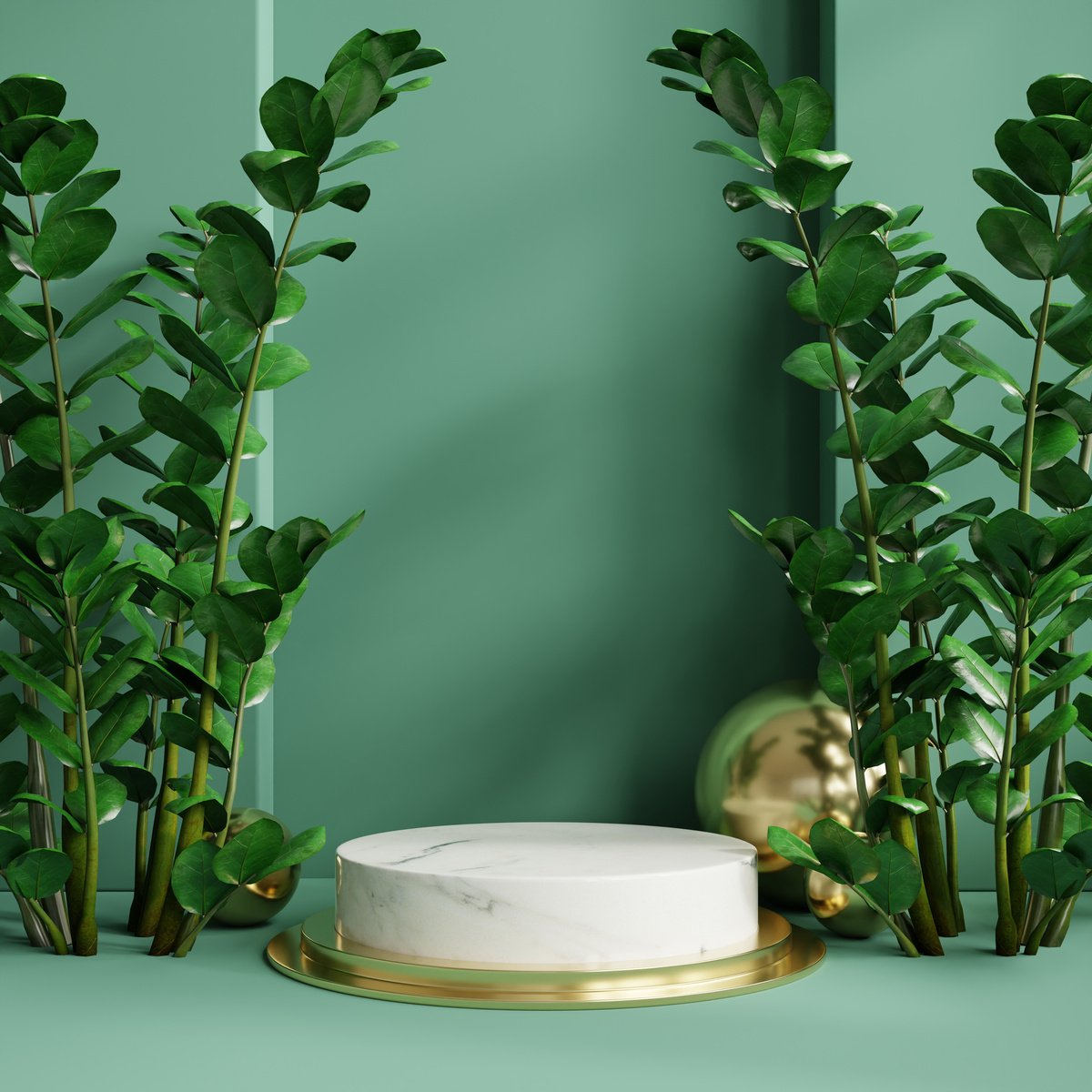 Podium Display with Tropical Leaves on Green Background